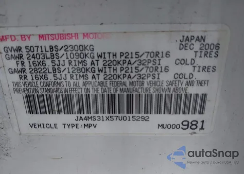 2007 Mitsubishi Outlander Es/Ls from USA, damaged, VIN JA4MS31X57U015292